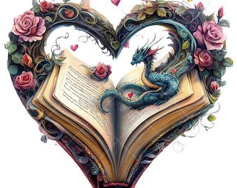 Whimsical Dragon and Books Digital Art - Fantasy Book Lover Printable - Instant Download