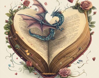 Whimsical Dragon and Books Digital Art - Fantasy Book Lover Printable - Instant Download