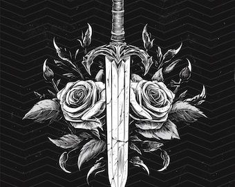 May include: A black and white illustration of a sword with a decorative hilt, surrounded by roses. The sword is centered in the image and the roses are arranged around it.