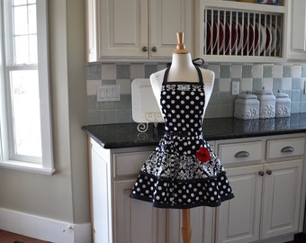 Polka Dot Apron with Ruffle – Retro Black and White Kitchen Apron, Flirty Apron - Work Apron - Customer's Apron Favorite by 4RetroSisters