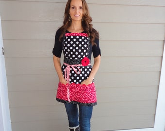 Cherry Berry Red Apron - Lots of Pockets Apron - Teacher Apron -  Women's Modern Retro Apron  - Aprons for Women - 4RetroSisters Aprons
