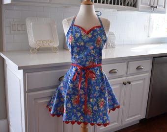 Periwinkle Floral Sadie Ric Rac Apron - Riley Blake Cotton - Mother's Day Gift - Cute Aprons by 4RetroSisters