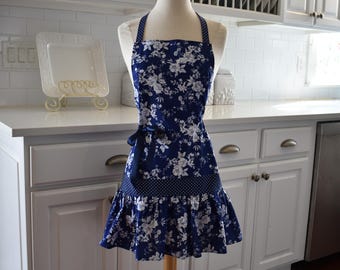 Navy Blue Floral Drop Waist Apron with Ruffle- Retro Modern Apron - Mother's Day Gift - 4RetroSisters Cute Aprons