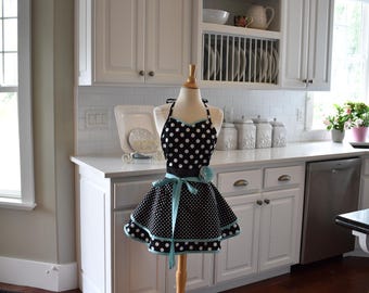 Retro Modern Aqua and Black Sadie Apron -  Flirty Pin Up Style - Hostess Apron - Kitchen Women's Apron - Gift  Cute Aprons by 4RetroSisters