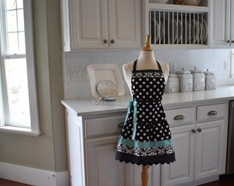Damask and Aqua Handcrafted Women's Aprons- Cute Retro Modern Aprons by 4RetroSisters