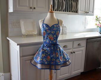 Floral Periwinkle Sadie Apron - Women’s Apron - Work Apron - Cute Flirty Kitchen Apron - 4RetroSisters Aprons