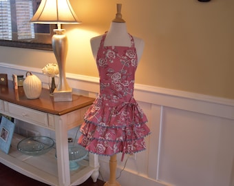 Classy Floral Ruffled Women's Apron – Retro Style Women's Apron - Pretty Aprons  4RetroSisters Aprons - Birthday or Bridal Gift