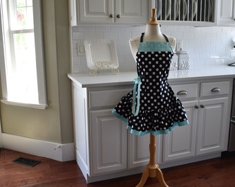 Touch of Aqua with Black and White Dot Retro Modern Apron   -Josie Style - Cute with Ruffle  - Personalized Women's Aprons  by 4RetroSisters