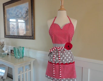 Peppermint Red & Gray Apron - kitchen, apron – Lot's of Pockets Apron by 4RetroSisters