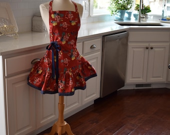Red and Navy Floral Kitchen Apron – Women's Cute Apron - Retro Modern Aprons by 4RetroSisters