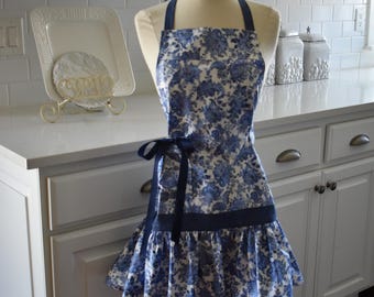 Heirloom Blue Floral Women's Apron With Ruffle- Retro Modern Apron - Women's Gift for Mother’s  Day Cute Aprons by 4RetroSisters