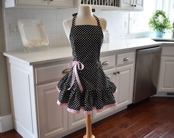 Black Dot Apron with a Touch of Pink Retro Modern Apron - Apron by 4Retro Sisters Flirty Apron - Kitchen Apron - Hostess Apron