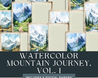 Watercolor Mountain Journey Junk Journal Pages - Digital Scrapbook Paper Kit - Printable Nature Journal - Instant Download - JJ005