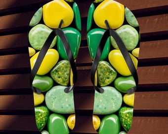 Chanclas con estampado de guijarros amarillos y verdes / Sandalias de playa / Calzado de verano / Chanclas / Ropa de verano / Zapatos de verano / Ropa de playa / Sandalias