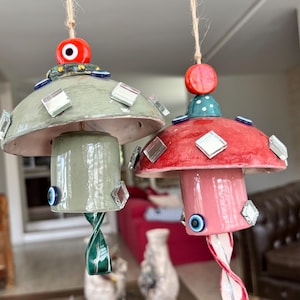 Boho Ceramic Wind Chime with Evil Eye & Mirror – Available in Green or Red