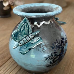 Vase  Handmade Ceramic Vase with Floral - Butterfly Design, Blue & Black | Decorative ArtPiec