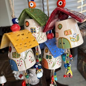 Handmade Ceramic House Wind Chime: Red & Green Garden Decor