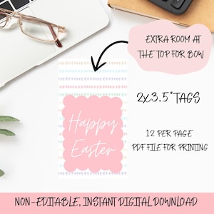 May include: Printable Easter gift tags with a pink background and white text that says "Happy Easter". The tags are 2x3.5 inches and there are 12 per page. The design includes a colorful border with a pattern of arrows.