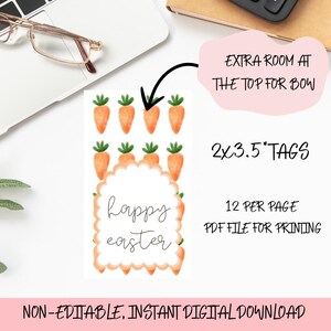 May include: Printable Easter gift tags featuring a white background with a scalloped border, the text "happy easter" in black script, and a pattern of orange carrots with green tops. The tags are 2 inches by 3.5 inches and there are 12 per page.