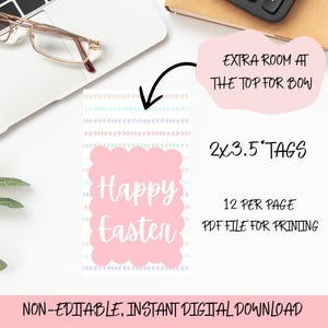 May include: Printable Easter gift tags with a pink background and white text that says "Happy Easter". The tags are 2 inches by 3.5 inches and there are 12 per page. The tags have a pastel colored arrow pattern on the border.