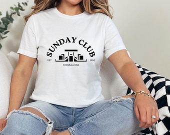Camiseta de Fórmula 1 con logotipo negro del Sunday Club, camiseta de Fórmula 1, merchandising de F1, ropa de Fórmula 1, camiseta de carreras de F1, camiseta de Fórmula 1