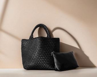 Borsa a secchiello in morbida pelle, borsa tote intrecciata, borsa a mano grande, borsa a tracolla intrecciata, realizzata a mano con un design minimalista ed elegante, regalo per lei