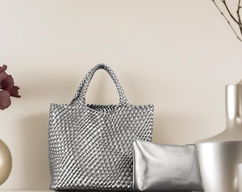 Borsa a secchiello in morbida pelle, borsa tote intrecciata, borsa a mano grande, borsa a tracolla intrecciata, realizzata a mano con un design minimalista ed elegante, regalo per lei