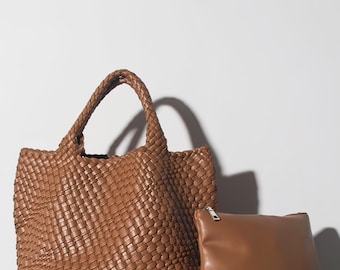Borsa a secchiello in morbida pelle, borsa tote intrecciata, borsa a mano grande, borsa a tracolla intrecciata, realizzata a mano con un design minimalista ed elegante, regalo per lei
