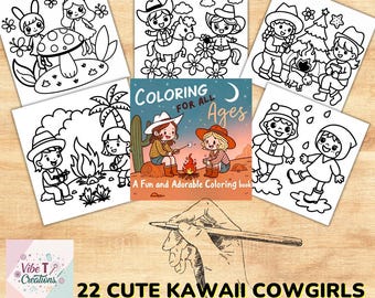Kawaii Cowgirls Coloring Book, Cartoon Illustrations (PDF Pattern)