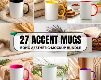 27 Accent Mug Mockup Boho Cup Mockup Aesthetic Accent Coffee Mug Mockup Bundle Yellow Pink Purple Blue Black Navy Orange Red 11oz Mockup