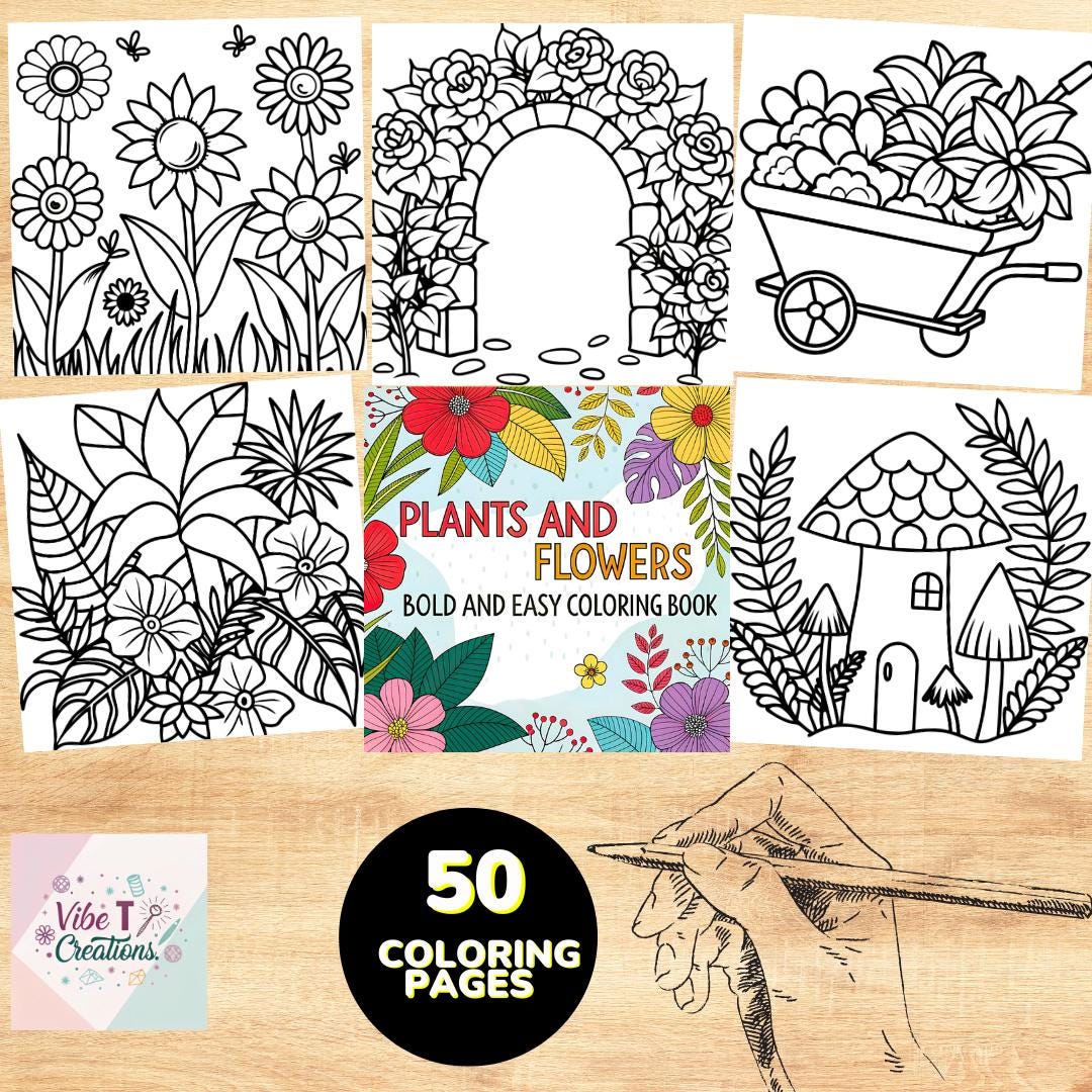 Flowers and Plants Coloring Book for Kids: 50 Bold Pages (digital ...