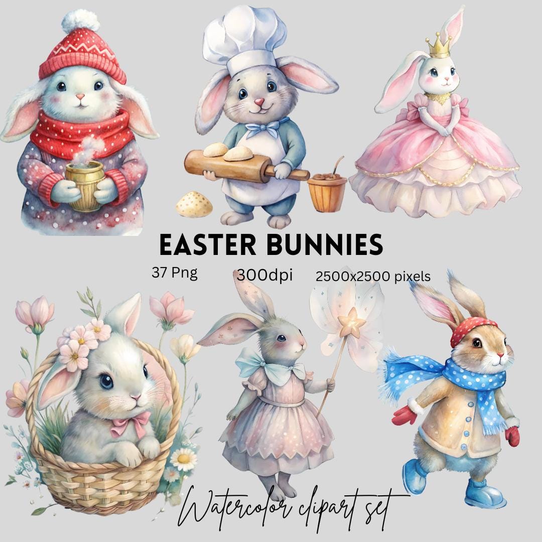 Watercolor Easter Bunnies Clipart, Cute Bunny PNG, Bunnies Clipart ...