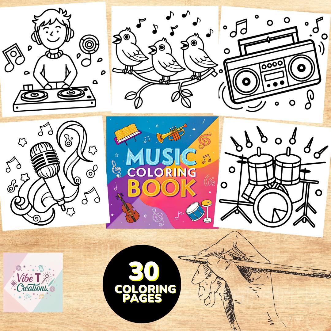 Music Coloring Book: Easy Musical Instruments & Notes (Digital Download)