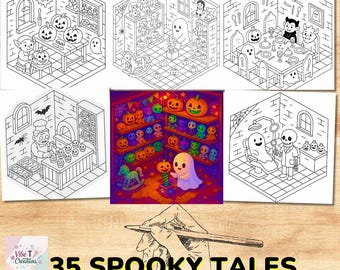 May include: A collection of Halloween-themed coloring pages. The image features various scenes with pumpkins, ghosts, and other spooky characters. The text "35 SPOOKY TALES COLORING PAGES" is displayed at the bottom. The illustrations are in black and white.