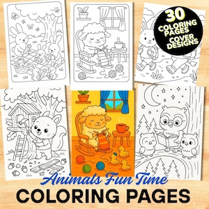 Coloring Pages with 30 Cute Animals Fun Time Illustrations to Color - Cute, Cozy & Comfy Printable Digital Download PDF for Adults and Teens