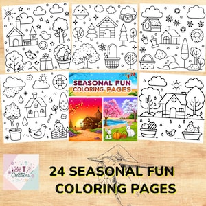May include: A set of 24 black and white colouring pages featuring seasonal themes. The pages include illustrations of houses, trees, animals, and other objects. The text "Seasonal Fun Coloring Pages" is displayed at the top of the image.
