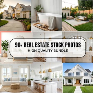 Puede incluir: Una colección de fotos de stock de bienes raíces con varias escenas interiores y exteriores. Las imágenes incluyen una casa moderna, un baño con bañera exenta, un patio con muebles de exterior y una cocina con una isla grande. Texto: 90+ REAL ESTATE STOCK PHOTOS HIGH QUALITY BUNDLE.