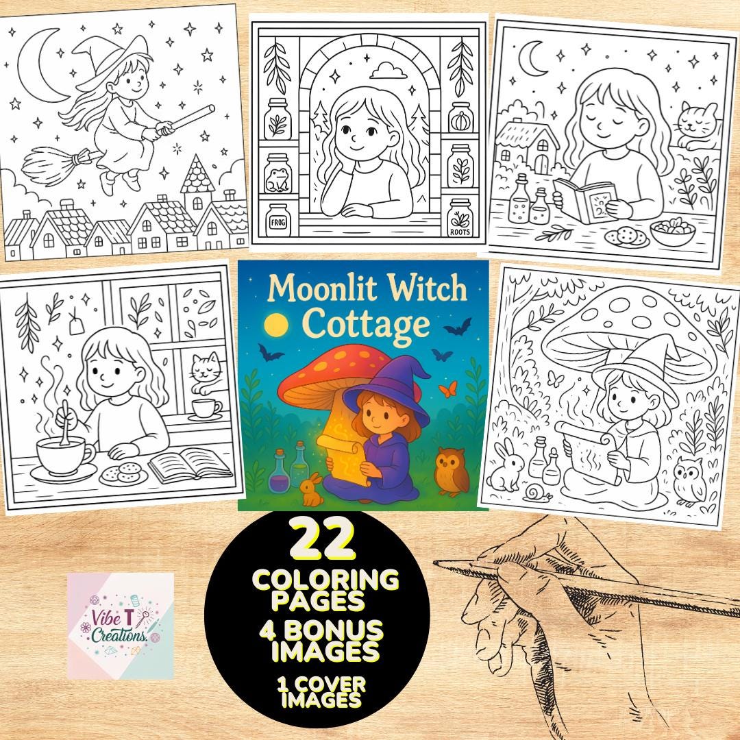 Cottage Witch Coloring Pages: Cozycore Forest Scenes (PDF Download) - Etsy