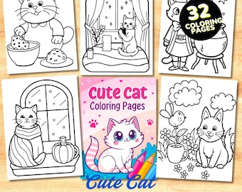 Kawaii Cat Coloring Book | 32 Kitten Designs (PDF