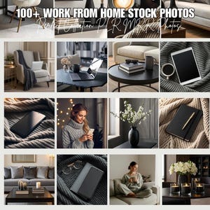 Könnte beinhalten: Eine Sammlung von Stockfotos zum Thema Homeoffice. Die Bilder zeigen Homeoffice-Setups mit Laptops, Tablets, Kaffee, Notizbüchern und Blumen. Die Farbpalette ist neutral mit Grau-, Schwarz- und Weißtönen. Der Text im Bild lautet "100+ WORK FROM HOME STOCK PHOTOS".