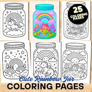Bold and Easy Coloring Book, Cute Rainbow Jar Coloring Pages, Enchanted Rainbow Scenes Coloring, Relaxing Activity for Adults and Kids