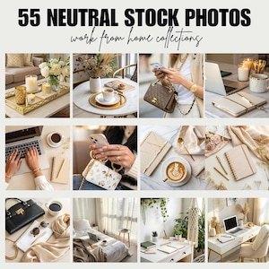Może przedstawiać: Kolaż dziewięciu obrazów prezentujących estetykę pracy z domu. Obrazy przedstawiają neutralne kolory, w tym biały, beżowy i złoty. Obrazy obejmują laptopa, notes, filiżankę kawy, telefon, torebkę i roślinę. Tekst "55 NEUTRAL STOCK PHOTOS work from home collections" znajduje się na górze kolażu.