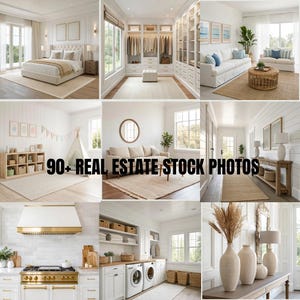 May include: A collection of interior design stock photos showcasing various rooms. The images include a bedroom, a walk-in closet, a living room, a children's playroom, a dining room, a hallway, a kitchen, and a laundry room. Text on the image reads "90+ REAL ESTATE STOCK PHOTOS."