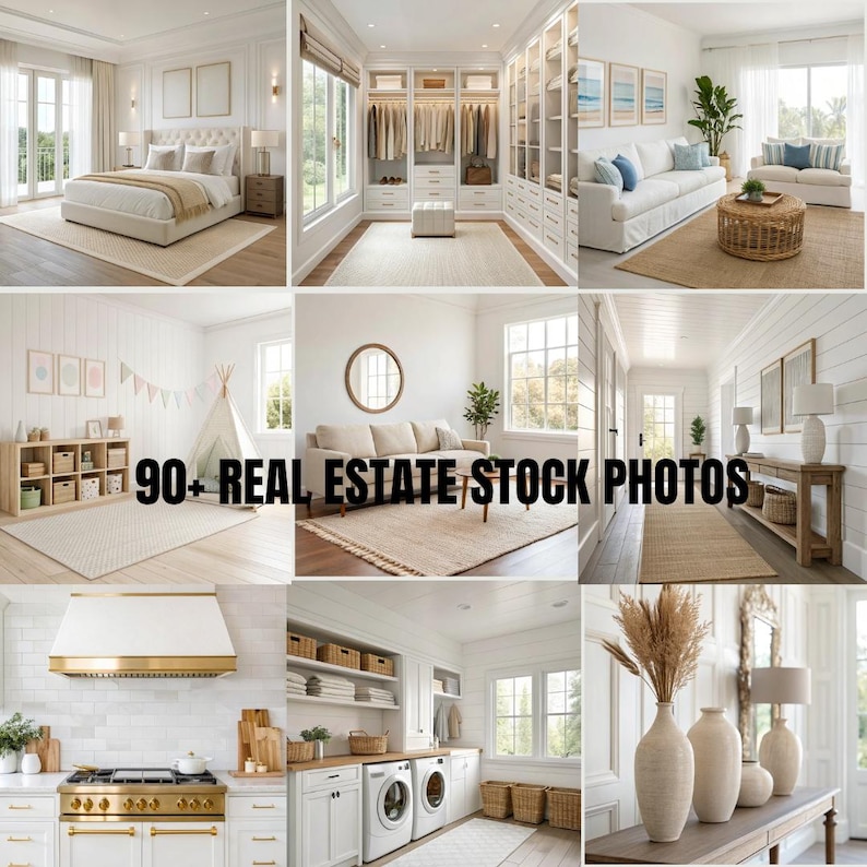 May include: A collection of interior design stock photos showcasing various rooms. The images include a bedroom, a walk-in closet, a living room, a children's playroom, a dining room, a hallway, a kitchen, and a laundry room. Text on the image reads "90+ REAL ESTATE STOCK PHOTOS."