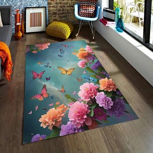 Butterfly Rug,Flowers Rug,Living Room Rug,Romantic Rug,Bedroom Rug,Kıds Room Rug,Blue Rug,Area Rug,Art Rug,Washable Rug,NonSlip Rug,Gift Rug