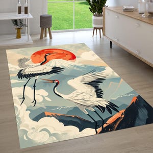 Japanese Crane Rug,Birds Rug,Fuji Mountain Rug,Crane Bird Rug,Animal Pattern Rug,Living Room Rug,Area Rug,Bedroom Rug,Kids Room Rug,Art Rug