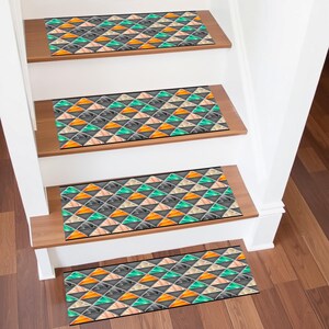 Treppenstufen-Teppich, Geometrischer Treppenteppich, Abstrakte Treppenmatte, Muster-Treppenteppich, Design-Treppenstufe, Indoor Outdoor-Treppenstufe, Treppenläufer für Stufe