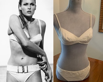 Sexy 60s California Bikini Swimsuit White Honeycomb Waffle Weave Fabric Pool Cruise Beach Swimwear James Bond Girl Style