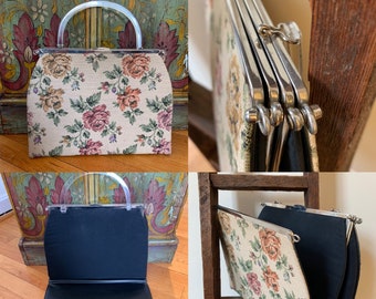 Fab 50s Convertible 3in1 L&M Bags By Edwards Lucite Handle Handbag Hinge Frame Purse Grosgrain to Floral Roses Tapestry to Leather Slipcover