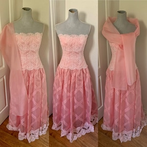 Pink 60s Hartly Westwood Gala Evening Gown Matching Extra Long Scarf Wrap Beaded Bustier Bodice Diagonal Ribboned Skirting image 1